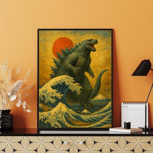 Poster vintage in stile dipinto a olio di Godzilla, stampa murale retrò di Kaiju, stampa artistica di onde giapponesi, decorazione del film Godzilla, poster di film di fantascienza
