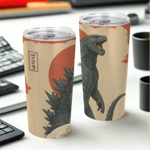 Godzilla 20oz Tumbler with Handle Straw, Kaiju Tumbler Vintage Japanese Giant Monster Great Wave Tumbler, Custom Name Tumbler Christmas Gift