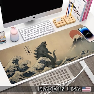 Vintage Japanese Godzilla Desk Mat, Retro Kaiju Mouse Pad, Sci-fi Extra Large Desk Pad, Japanese Monster Gojira and the Great Wave Desk Pad