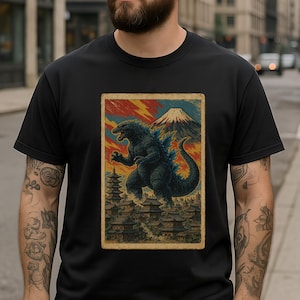 Vintage Godzilla Japanese Giant Monster T shirt, Retro King of the Monsters and Fuji mount,  Kaiju Monster Gojira shirt, Monsterverse shirt