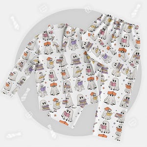 Bookish Ghost Pajama set, Cute Halloween Reading Pajamas, Spooky Book Lover Pajama, Ghost Coffee, Funny Fall Teacher Pajamas, Spooky Season