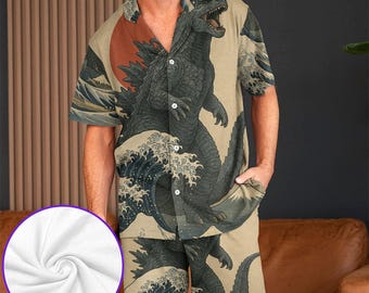 Godzilla Hawaiian Shirt with Pocket and Beach Shorts Set  King of Monster, Godzilla Japanese Gojira,  Vintage Hawaii Beach Shirt,Aloha Shirt