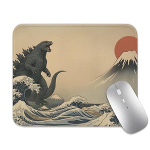 Vintage Japanese Godzilla Desk Mat, Retro Kaiju Mouse Pad, Sci-fi Extra Large Desk Pad, Japanese Monster Gojira and the Great Wave Desk Pad
