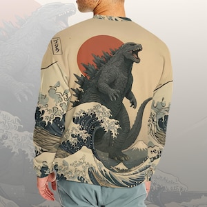Vintage  Godzilla and Great Wave Sweatshirt, Japanese Giant Monster and the Wave Shirt Retro King of the Monsters Sweatshirt, Kaiju Gojira