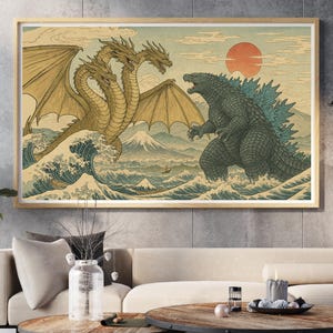 Vintage Godzilla vs King Ghidora Poster - Retro Kaiju Wall Art - Japanese Monster Movie Print - Godzilla Movie Decor,  Sci-Fi Film Poster