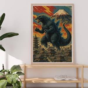 Vintage Godzilla Japanese Giant Monster Poster, Retro King of the Monsters and Fuji mount, Kaiju Monster Gojira poster, Monsterverse Gift