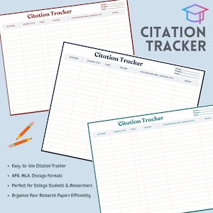 May include: Three printable citation tracker templates with the title "Citation Tracker" in bold, blue, green, and red text. The templates have columns for authors, source title, year, DOI/URL, citation format, and notes.