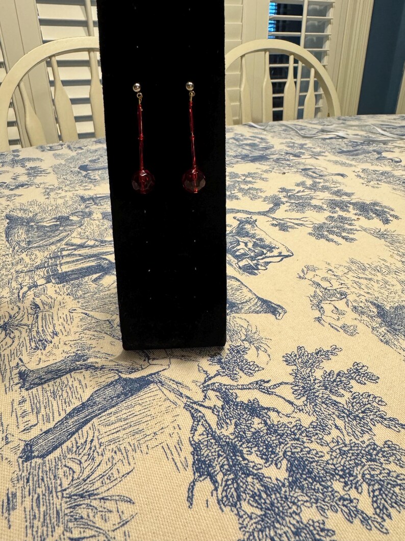 May include: A pair of dangle earrings with a long, thin, silver chain and a dark red, faceted glass bead at the bottom.
