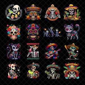 シンコ・デ・マヨのスケルトン PNG バンドル、メキシコの死者の日 SVG、面白いフィエスタ スカル アート昇華、デジタル ダウンロード クリップアート