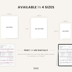 May include: Image showing four paper sizes: A4 (8.3 x 11.7 in), US Letter (8.5 x 11 in), and A5 (5.8 x 8.3 in). The text says "Available in 4 sizes" and "Print or use digitally". A pen and tablet are also shown.