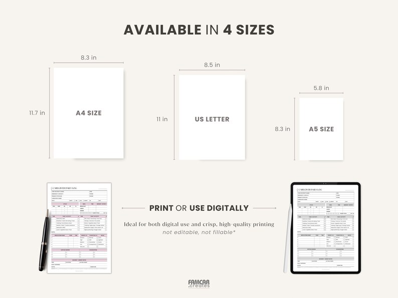 May include: Image showing four paper sizes: A4 (8.3 x 11.7 in), US Letter (8.5 x 11 in), and A5 (5.8 x 8.3 in). The text says "Available in 4 sizes" and "Print or use digitally". A pen and tablet are also shown.