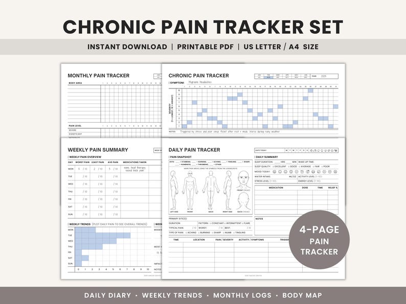 Chronic pain tracker set printable PDF, 4-page health journal for spoonies, fibromyalgia, and chronic illness symptom logging