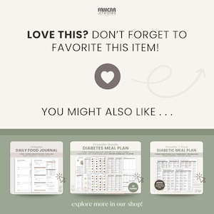 Promotional graphic showcasing matching products from the same shop—Daily Food Journal, Diabetic Meal Plan bundle, 5-Week Diabetes Meal Plan—with a call-to-action encouraging customers to favorite the appointment tracker if they find it helpful. Clean, brand-cohesive layout.