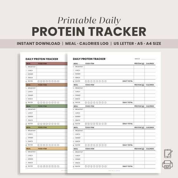 Protein Tracker Printable, Daily Protein Food Log | Water Intake, Macro & Calorie Tracker, Meal Planner for Muscle Building, Weight Loss PDF