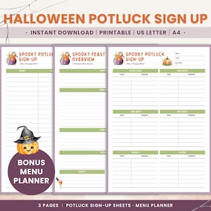 Anmälningslista för Halloween-knytkalas och festmenyplanerare. Utskrivbar Halloween-helgplanerare, kuslig knytkalasplanerare, A4 US Letter PDF.