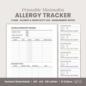 Allergie- en gevoeligheidstracker | Afdrukbaar contact voor noodgevallen, symptoomtracker, logboek voedselallergiebeheer, gezondheidsoverzicht, allergische reacties