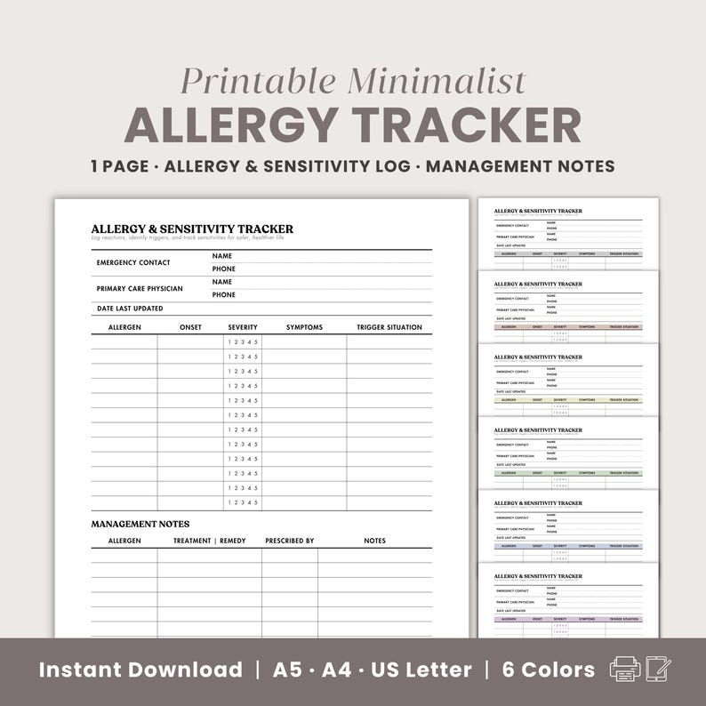 Photo inspiration: Visual Reference: Allergy Sensitivity Tracker Printable Emergency Contact Symptoms Tracker Food Allergy