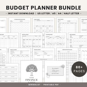 May include: A collection of printable budget planner pages in black and white. The pages include sections for expenses, savings, and financial goals. The text "Budget Planner Bundle" and "Instant Download" are visible. The bundle includes over 80 pages.