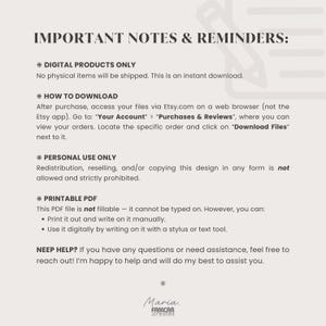 Puede incluir: Documento digital con el t&iacute;tulo "IMPORTANT NOTES & REMINDERS:" en fuente de estilo manuscrito. Detalla informaci&oacute;n de productos digitales, instrucciones de descarga y derechos de uso. El documento es un PDF imprimible.