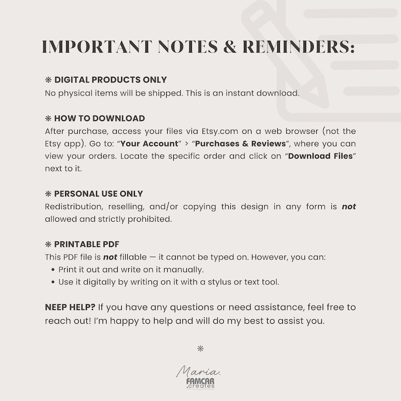 Puede incluir: Documento digital con el t&iacute;tulo "IMPORTANT NOTES & REMINDERS:" en fuente de estilo manuscrito. Detalla informaci&oacute;n de productos digitales, instrucciones de descarga y derechos de uso. El documento es un PDF imprimible.