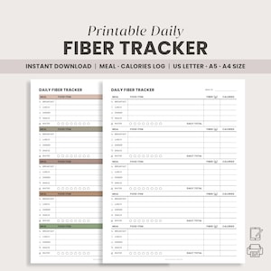 Op de afbeelding: Een afdrukbare dagelijkse vezeltracker met de tekst "Printable Daily Fiber Tracker" bovenaan. De tracker bevat secties voor maaltijden, voedsel, vezels en calorieën. Verkrijgbaar in US Letter, A5 en A4 formaten.
