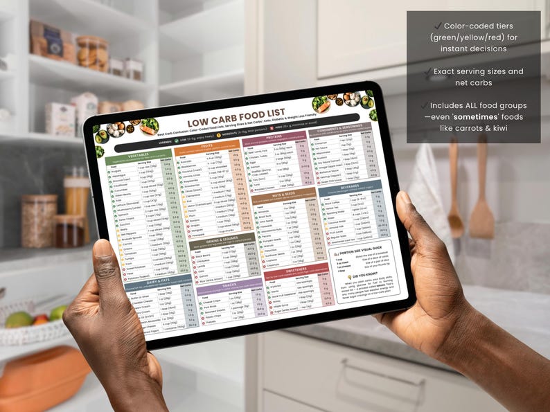 Digital version of 1-page low carb food chart in landscape format – easy to view on iPad