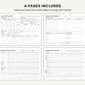 Printable chronic pain tracker bundle showing daily diary, weekly summary, monthly log, and pain intensity grid in landscape format