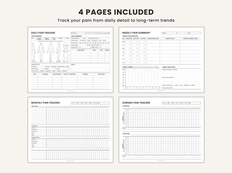 Printable chronic pain tracker bundle showing daily diary, weekly summary, monthly log, and pain intensity grid in landscape format