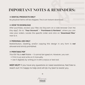 Informational page with key notes and reminders about digital products. Includes details like file format, usage tips, margin spacing for hole punches, and that it's not a fillable PDF