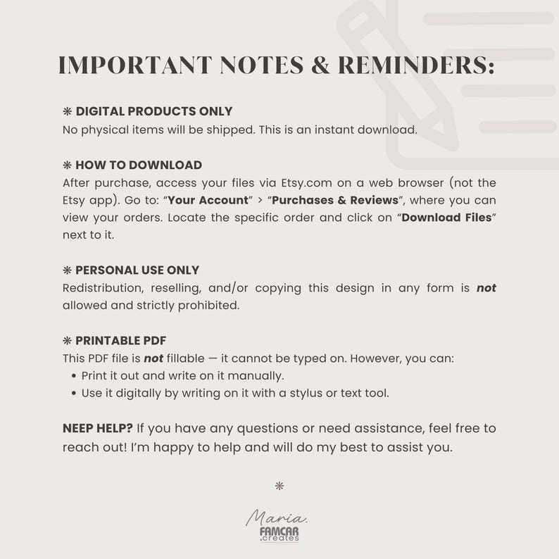 Informational page with key notes and reminders about digital products. Includes details like file format, usage tips, margin spacing for hole punches, and that it's not a fillable PDF