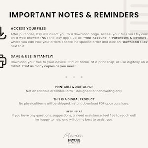 May include: Cream-colored digital product information sheet with black text. The text includes instructions on accessing files, saving, and printing. The sheet also states that it is a digital product and a printable PDF.