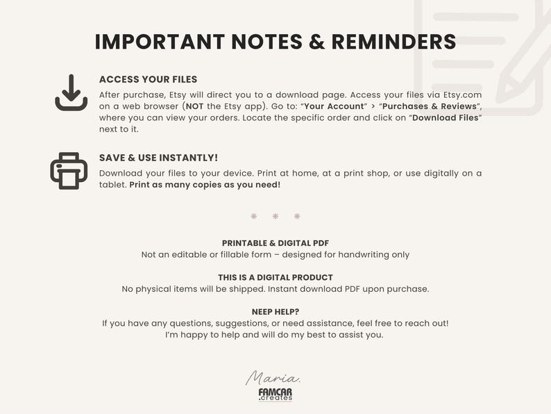 May include: Cream-colored digital product information sheet with black text. The text includes instructions on accessing files, saving, and printing. The sheet also states that it is a digital product and a printable PDF.