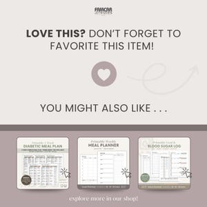 Promotional graphic showcasing matching products from the same shop—diabetic meal plan, weekly meal planner, blood sugar tracker—with a call-to-action encouraging customers to favorite the appointment tracker if they find it helpful. Clean, brand-cohesive layout.
