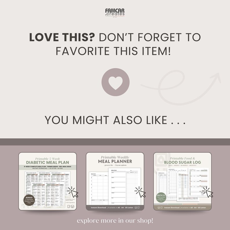 Promotional graphic showcasing matching products from the same shop—diabetic meal plan, weekly meal planner, blood sugar tracker—with a call-to-action encouraging customers to favorite the appointment tracker if they find it helpful. Clean, brand-cohesive layout.