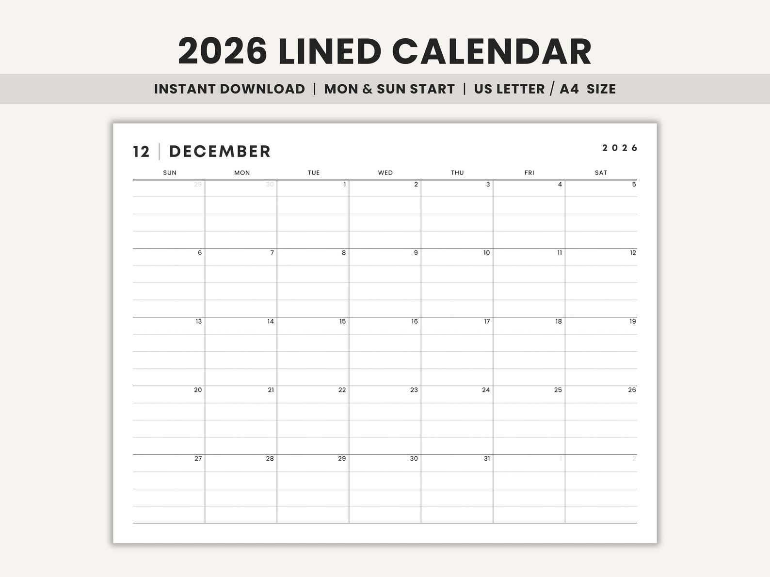2026 Lined Monthly Calendar Printable Landscape Monthly Planner With ...