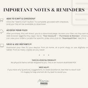May include: Cream-colored digital product information sheet with the title "IMPORTANT NOTES & REMINDERS". Includes instructions on how to download and access files, and a note that it is a digital product.