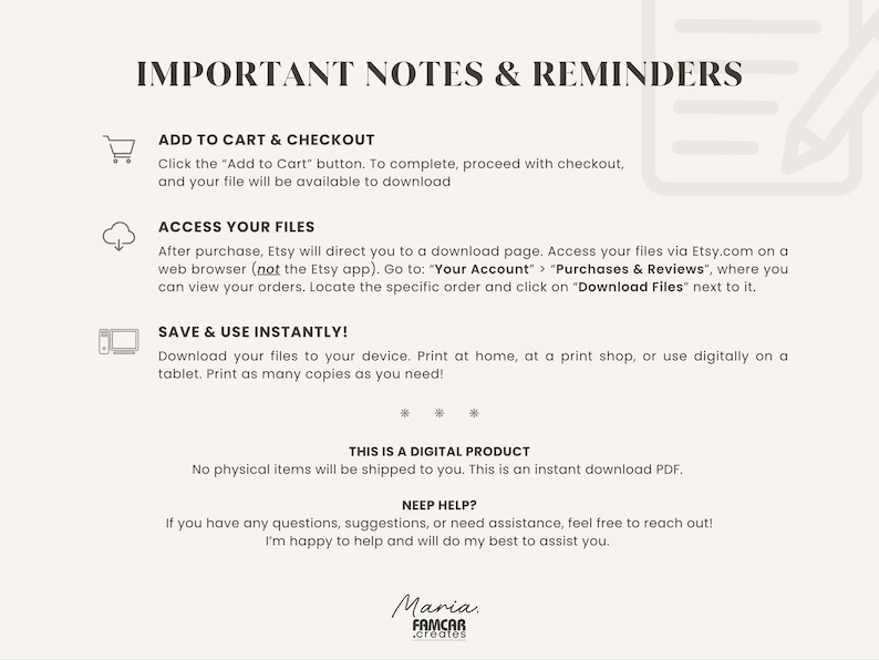 May include: Cream-colored digital product information sheet with the title "IMPORTANT NOTES & REMINDERS". Includes instructions on how to download and access files, and a note that it is a digital product.