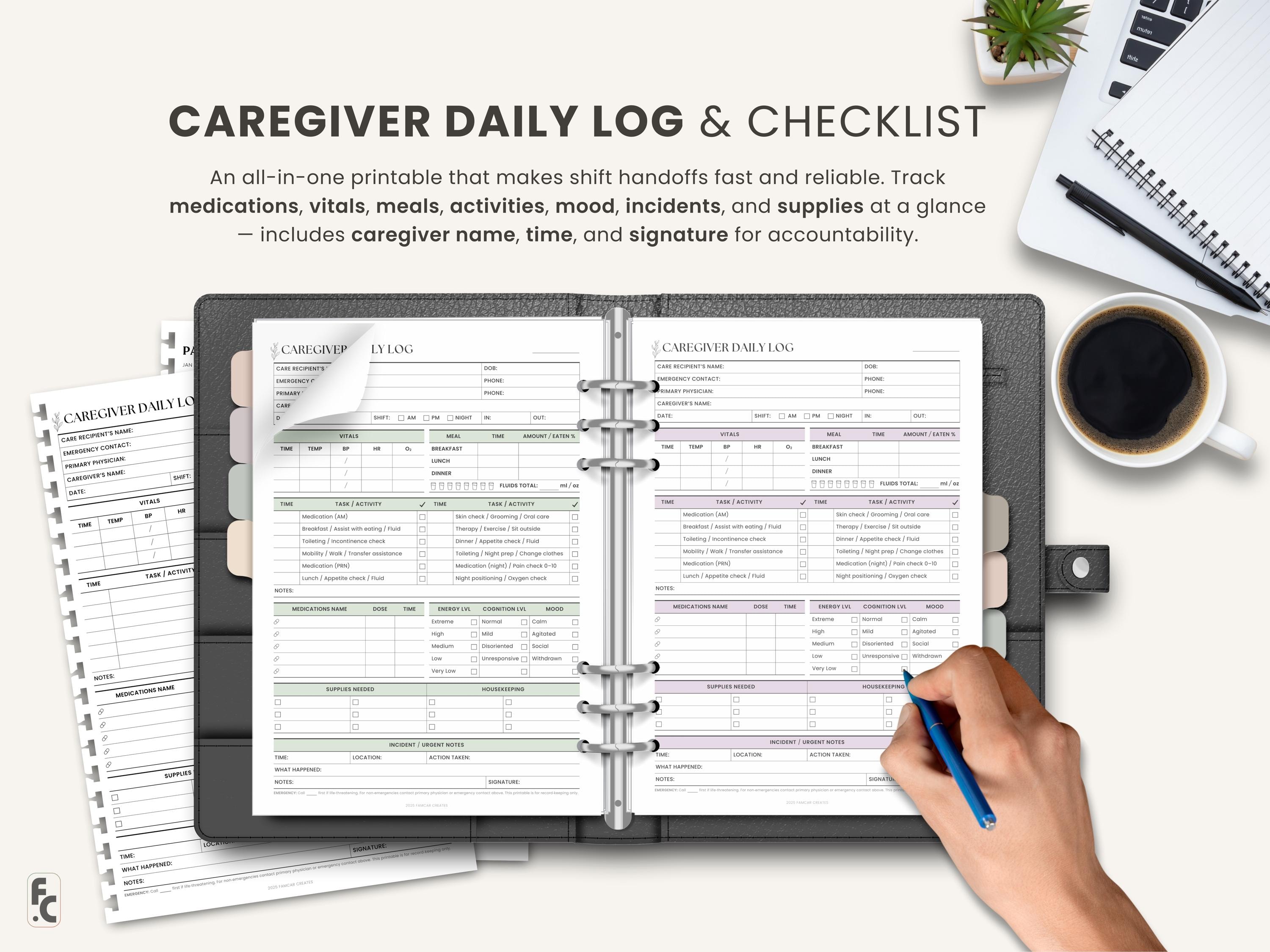 Elderly Care Daily Log Printable Caregiver Checklist for Senior Care ...