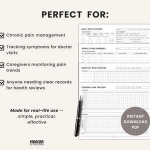 May include: A black and white pain tracker with the text "PERFECT FOR:" and "INSTANT DOWNLOAD PDF". The tracker includes sections for daily, weekly, monthly, and chronic pain tracking. A black pen is on the left.