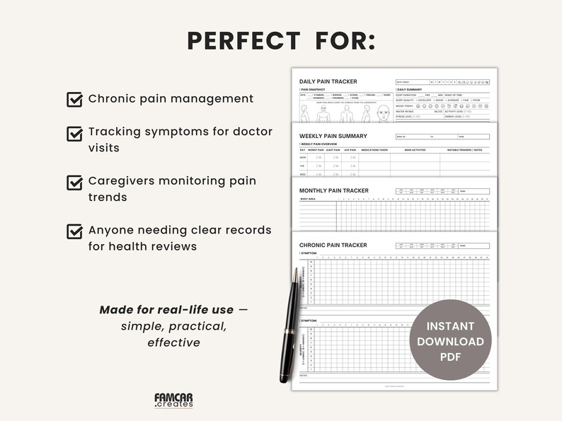 May include: A black and white pain tracker with the text "PERFECT FOR:" and "INSTANT DOWNLOAD PDF". The tracker includes sections for daily, weekly, monthly, and chronic pain tracking. A black pen is on the left.