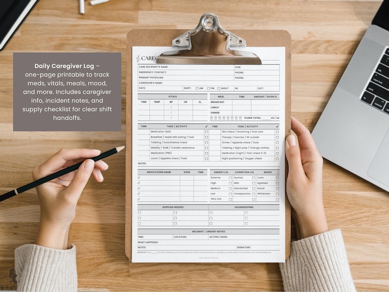 May include: A clipboard with a printed caregiver log, featuring sections for tracking medications, meals, and mood. The log includes space for notes and a supply checklist. A pencil rests on the wooden surface.