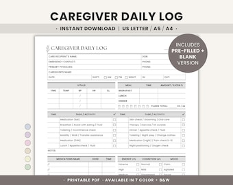 Elderly Care Daily Log Printable Caregiver Checklist for Senior Care, Home Health Caregiver Activity Report, Elder Caregiving Task Forms