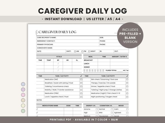 Elderly Care Daily Log Printable Caregiver Checklist for Senior Care, Home Health Caregiver Activity Report, Elder Caregiving Task Forms