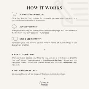 Informational page with key notes and reminders about digital products. Includes details like file format, usage tips, margin spacing for hole punches, and that it's not a fillable PDF