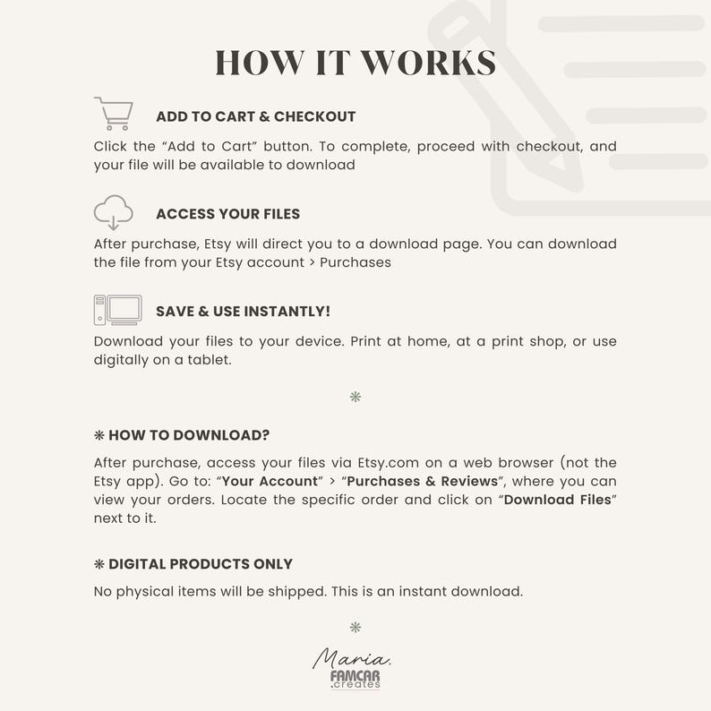 Informational page with key notes and reminders about digital products. Includes details like file format, usage tips, margin spacing for hole punches, and that it's not a fillable PDF