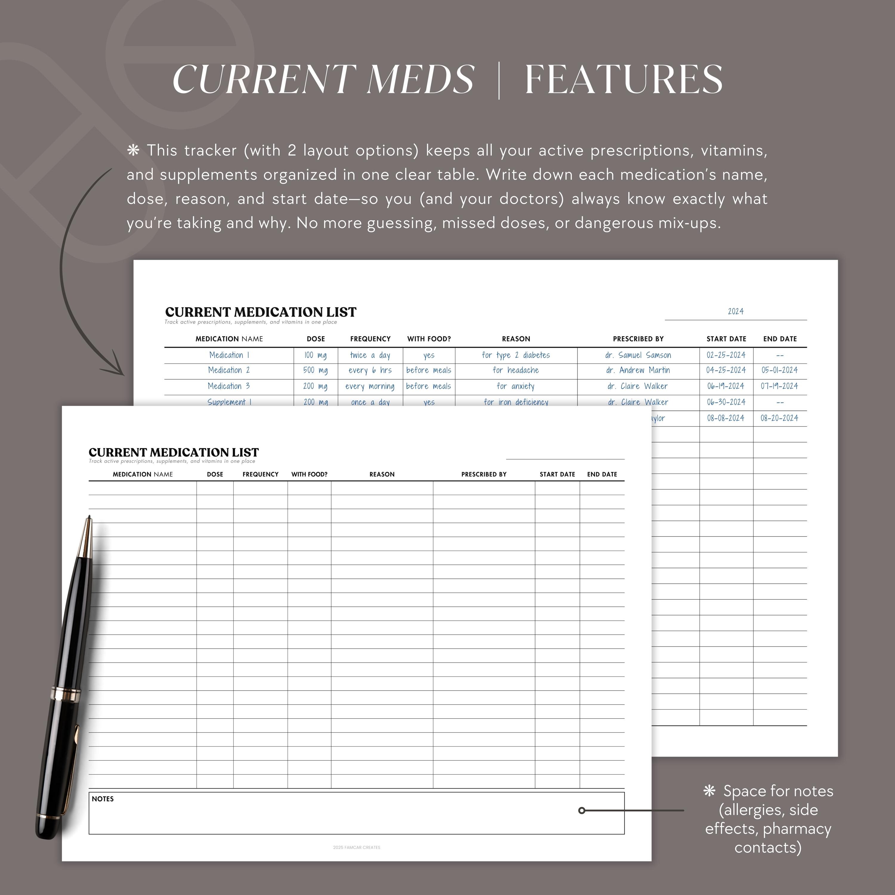 Medicine List Printable, Medications Log, Current & Discontinued ...