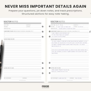 May include: A planner insert with the text "NEVER MISS IMPORTANT DETAILS AGAIN" and "DOCTOR NOTES". The pages have structured sections for jotting down notes, questions, and tracking prescriptions. A black pen rests on the left side of the page.