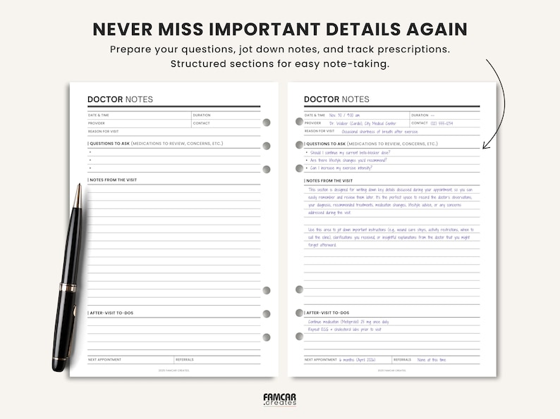 May include: A planner insert with the text "NEVER MISS IMPORTANT DETAILS AGAIN" and "DOCTOR NOTES". The pages have structured sections for jotting down notes, questions, and tracking prescriptions. A black pen rests on the left side of the page.
