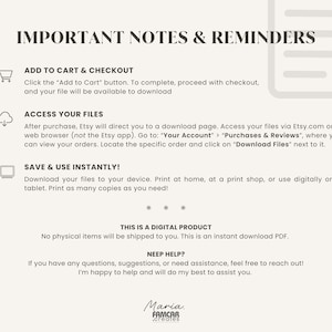 May include: Cream-colored digital product information sheet with black text. The sheet includes instructions on how to download and access files after purchase, along with a note that it is a digital product. The sheet also includes the seller's name and logo.