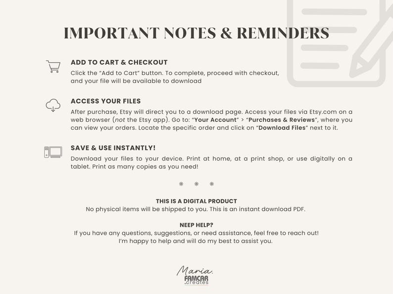 May include: Cream-colored digital product information sheet with black text. The sheet includes instructions on how to download and access files after purchase, along with a note that it is a digital product. The sheet also includes the seller's name and logo.